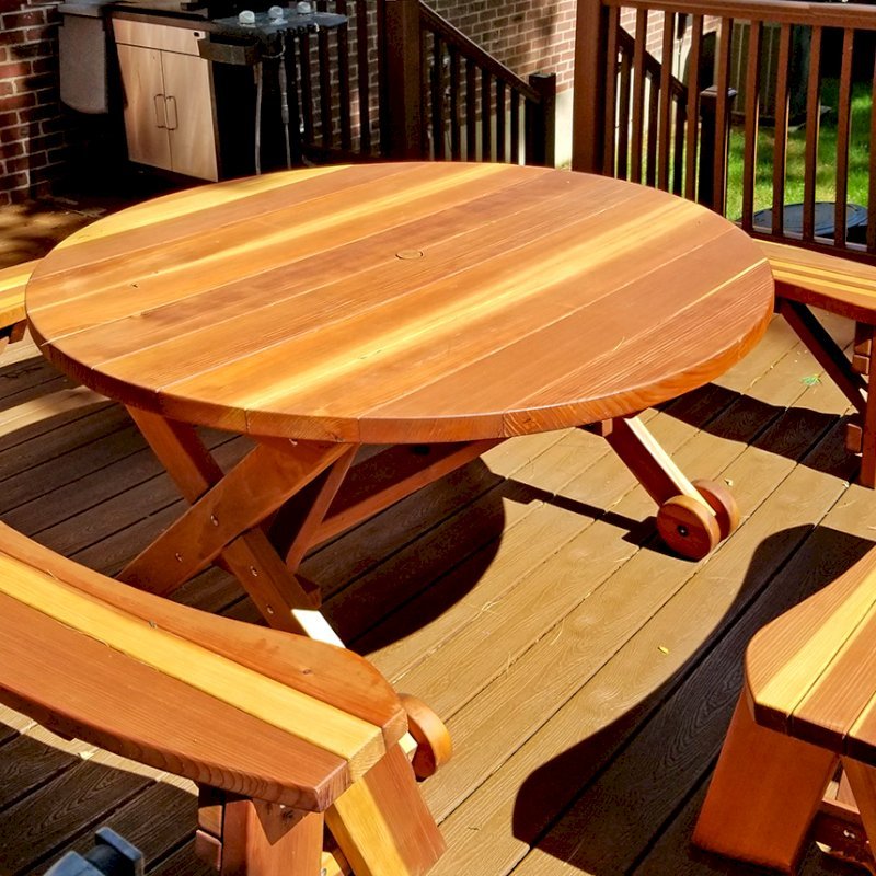 Round Wood Picnic Table with Wheels Forever Redwood